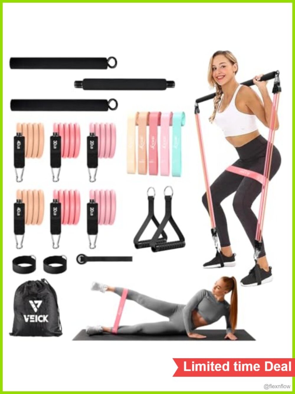 Pilates Bar Kit Resistance Bands Handles Ankle Straps Door Anchor Home Workout